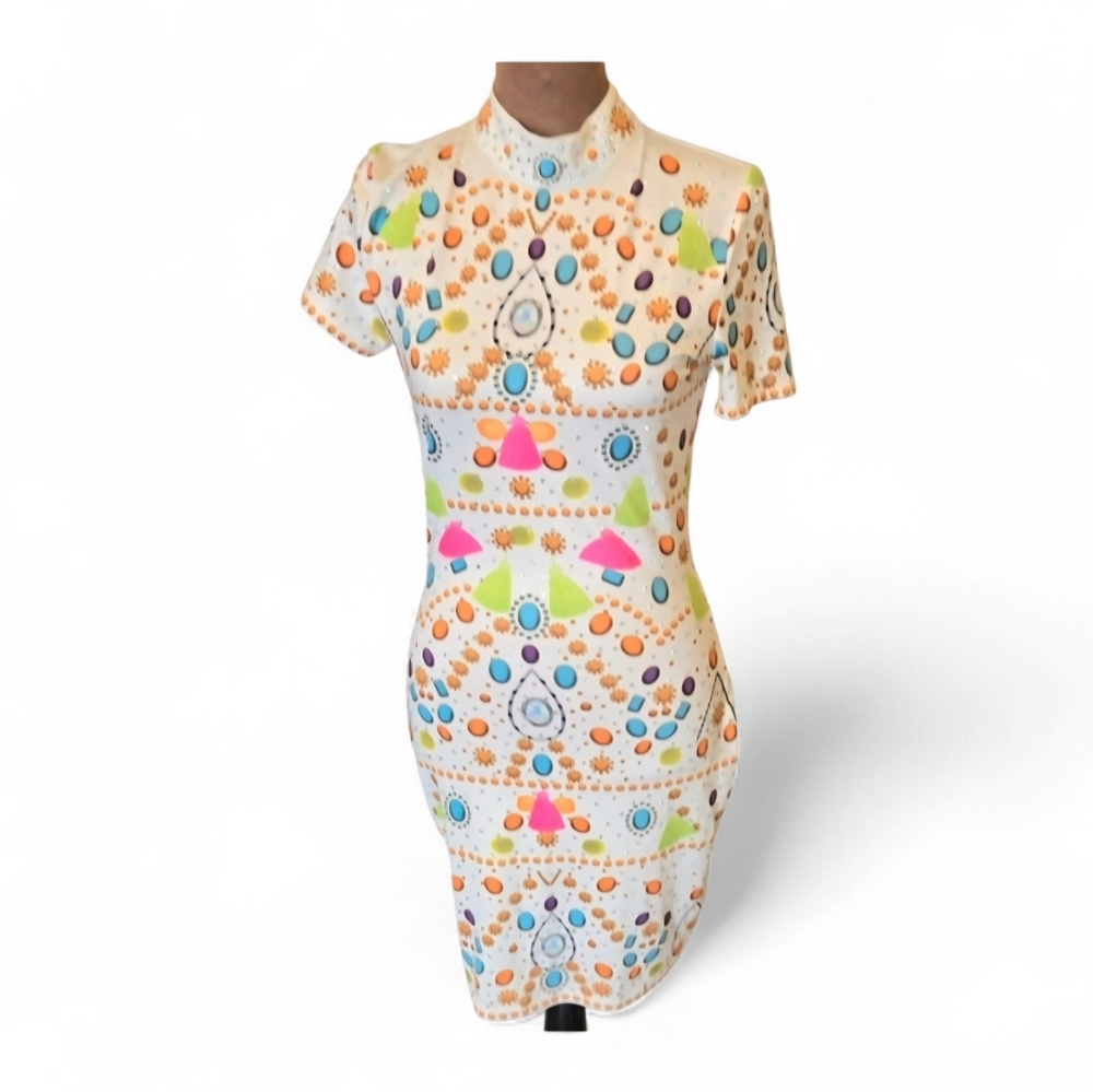 Banjul Women's Multicolor Body Con Patterned Rhinestone High Neck Mini Dress